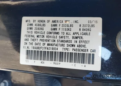 2015 Acura Tlx V6 из США, поврежденный, VIN 19UUB2F37FA019934